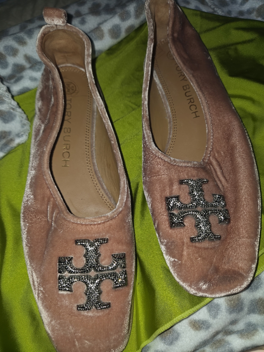 Tory Burch Blush Velvet Flats with Black Glitter Logo - Picture 2 of 5